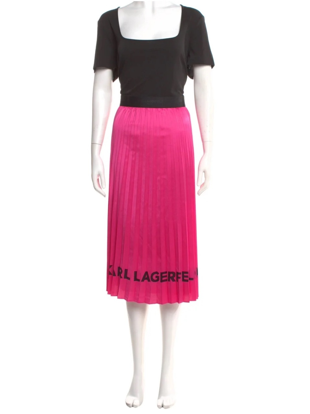 Karl Lagerfeld Black Top with Hot Pink Pleated A-Line Skirt